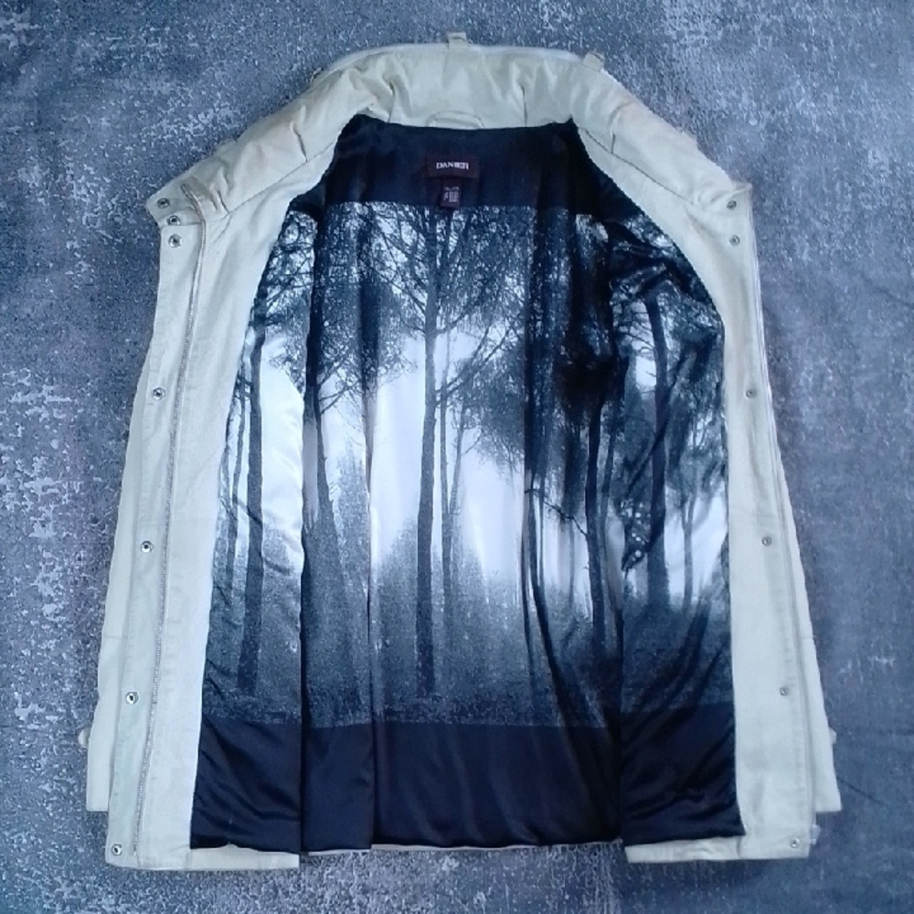 Danier Cream Leather Jacket With Forest Silhouette Inside